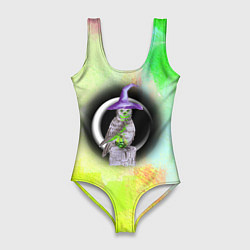 Женский купальник-боди Сова-ведьма на зелено-желтом фоне