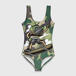 Женский купальник-боди Человек - телевизор на скейте