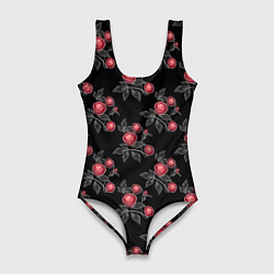 Купальник-боди 3D женский Акварельные розы на черном, цвет: 3D-принт