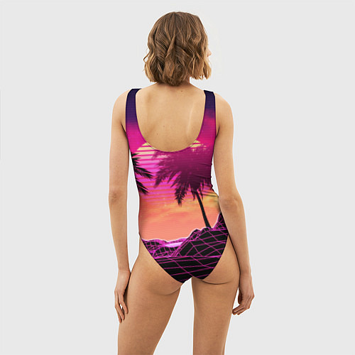 Женский купальник-боди Пальмы и пляж в розовом закате ретро дизайн / 3D-принт – фото 4
