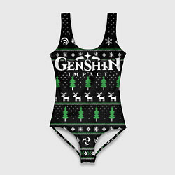Купальник-боди 3D женский Новогодний свитер - Genshin impact, цвет: 3D-принт