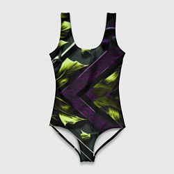 Женский купальник-боди Зеленые листья и фиолетовые вставки