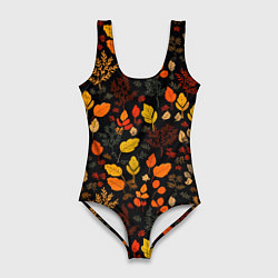 Купальник-боди 3D женский Осенние листья на черном фоне, цвет: 3D-принт