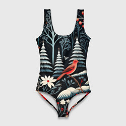 Женский купальник-боди Новогодний лес и птицы