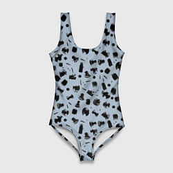 Купальник-боди 3D женский Черный абстрактный гранж на сером, цвет: 3D-принт