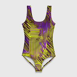 Женский купальник-боди Киберпанк линии фиолетовые и жёлтые