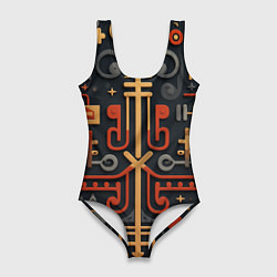 Купальник-боди 3D женский Абстрактный паттерн в славянском стиле на тёмном ф, цвет: 3D-принт