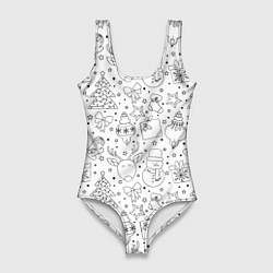 Купальник-боди 3D женский Черно-белый новогодний патерн, цвет: 3D-принт