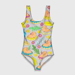 Купальник-боди 3D женский Семья капибар на отдыхе, цвет: 3D-принт