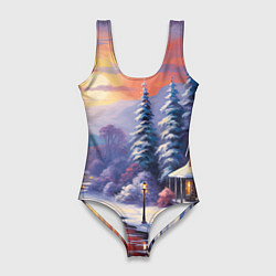 Женский купальник-боди Заснеженный новогодний лес чудес