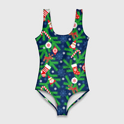 Купальник-боди 3D женский Новогодние игрушки на ёлке, цвет: 3D-принт