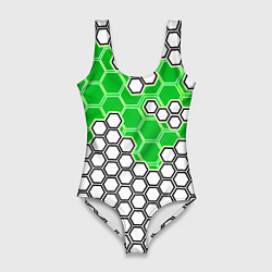 Купальник-боди 3D женский Зелёная энерго-броня из шестиугольников, цвет: 3D-принт
