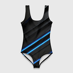 Женский купальник-боди Синие неоновые линии на черном