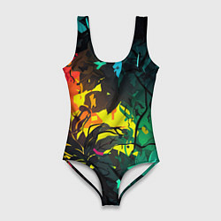 Женский купальник-боди Яркие разноцветные абстрактные листья