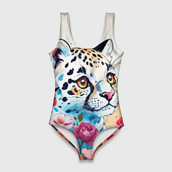 Купальник-боди 3D женский Мультяшный леопард в цветах, цвет: 3D-принт