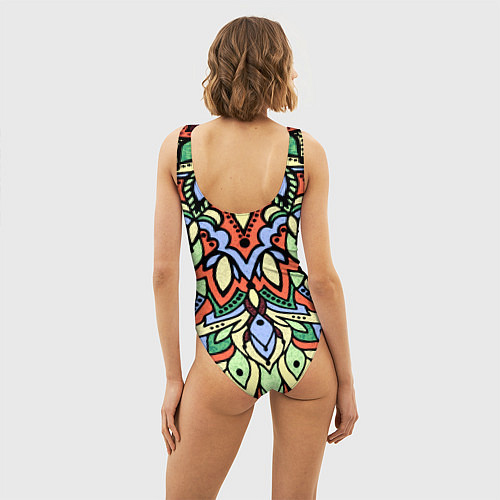 Женский купальник-боди Мандала зелёно-оранжевый / 3D-принт – фото 4