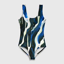 Женский купальник-боди Текучая краска белая и синяя