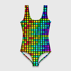 Купальник-боди 3D женский Разноцветные квадраты на чёрном фоне, цвет: 3D-принт