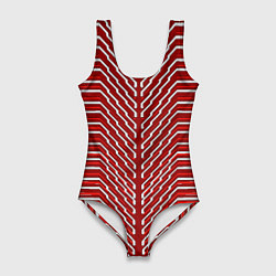 Купальник-боди 3D женский Белые линии на красном фоне, цвет: 3D-принт