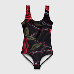 Женский купальник-боди Череп и красные розы