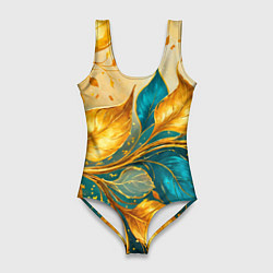 Купальник-боди 3D женский Листья абстрактные золото и бирюза, цвет: 3D-принт