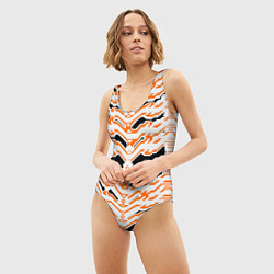 Купальник-боди 3D женский Агрессивный бело-оранжевый паттерн, цвет: 3D-принт — фото 2