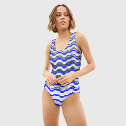 Купальник-боди 3D женский Black and blue stripes on a white background, цвет: 3D-принт — фото 2