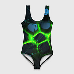 Купальник-боди 3D женский Зеленый неон и разлом плит, цвет: 3D-принт