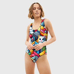 Купальник-боди 3D женский Геометрический паттерн с котятами - нейросеть, цвет: 3D-принт — фото 2