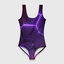 Женский купальник-боди Красно-фиолетовые неоновые плиты в разломе