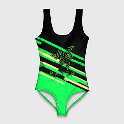 Купальник-боди 3D женский Razer line green pattern, цвет: 3D-принт