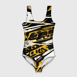 Купальник-боди 3D женский Жёлто-чёрная агрессивная абстракция на белом фоне, цвет: 3D-принт