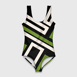Женский купальник-боди Прямоугольники по диагонали-зеленый, черный