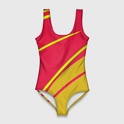 Купальник-боди 3D женский Красно-розовый с салатовым точечный, цвет: 3D-принт