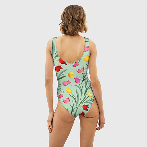 Женский купальник-боди Тюльпаны цветочный паттерн на светло-зелёном фоне / 3D-принт – фото 4