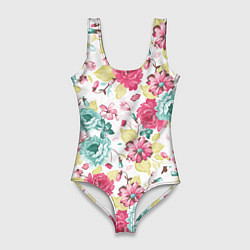 Купальник-боди 3D женский Розы красные и бирюзовые, цвет: 3D-принт