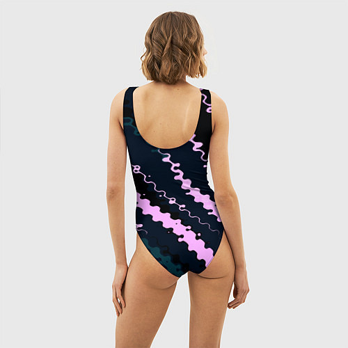 Женский купальник-боди Тёмно-синий с розовым искажённые полосы / 3D-принт – фото 4