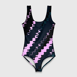 Купальник-боди 3D женский Тёмно-синий с розовым искажённые полосы, цвет: 3D-принт