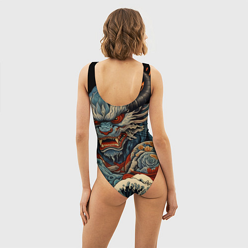 Женский купальник-боди Японский дракон и волны в стиле тату ирезуми / 3D-принт – фото 4