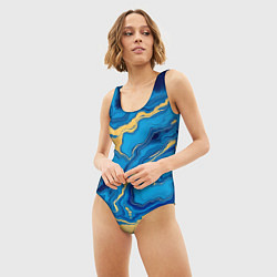 Купальник-боди 3D женский Синий мрамор с золотом, цвет: 3D-принт — фото 2