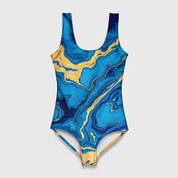 Купальник-боди 3D женский Синий мрамор с золотом, цвет: 3D-принт