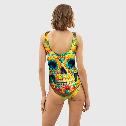 Женский купальник-боди Красочный летний паттерн с черепом - нейроарт / 3D-принт – фото 4