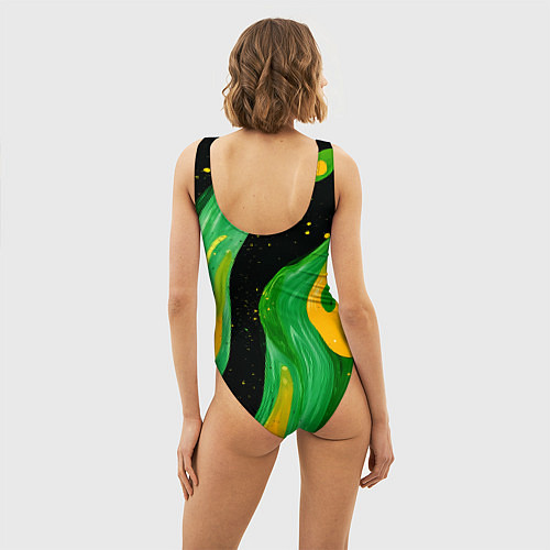 Женский купальник-боди Зелено-желтая краска на черном / 3D-принт – фото 4