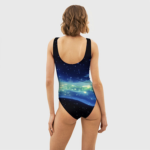 Женский купальник-боди Синяя волна с зеленым оттенком на черном / 3D-принт – фото 4