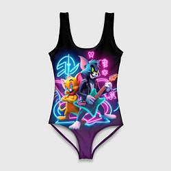 Купальник-боди 3D женский Гитарист Том и вокалист Джерри - неоновое свечение, цвет: 3D-принт
