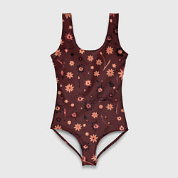 Купальник-боди 3D женский Паттерн абстрактные цветы тёмный красно-розовый, цвет: 3D-принт