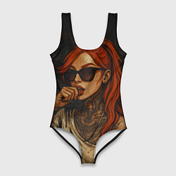 Купальник-боди 3D женский Рыжая девушка в очках с тату, цвет: 3D-принт