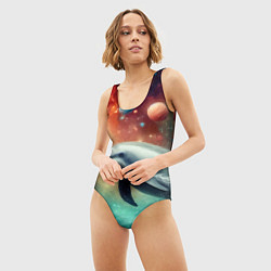 Купальник-боди 3D женский Галактический дельфин - неоновый космос, цвет: 3D-принт — фото 2