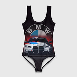 Женский купальник-боди BMW на красном фоне