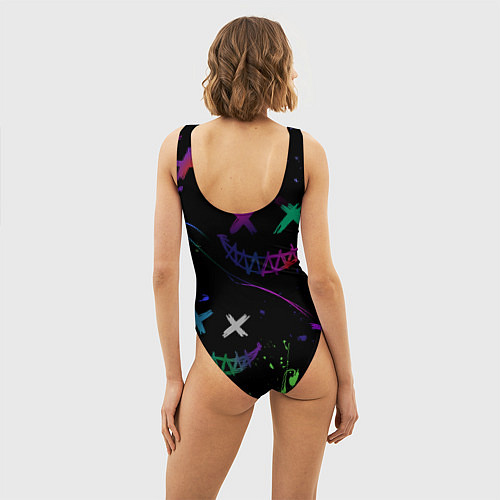 Женский купальник-боди Неновые краски - лица крипи смайл / 3D-принт – фото 4